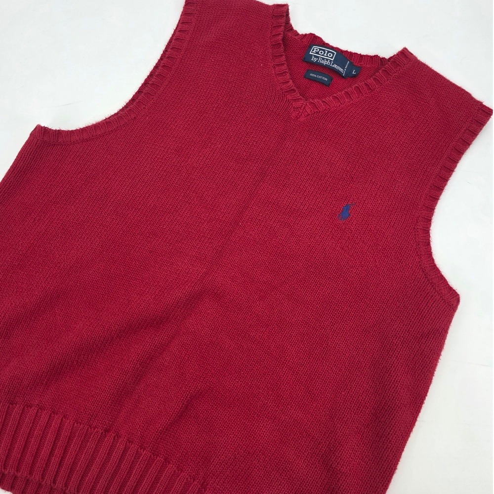 VINTAGE 90S POLO RALPH LAUREN SWEATER VEST MENS LARGE RED BLUE PONY VNECK COTTON
